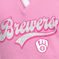 T-shirt raglan à col en V rose New Era pour jeunes filles des Milwaukee Brewers