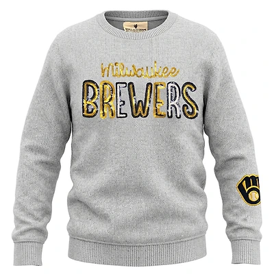 Sweat-shirt à col rond en polaire sequins Nantucket pour filles, gris chiné, doux comme du raisin, Milwaukee Brewers.