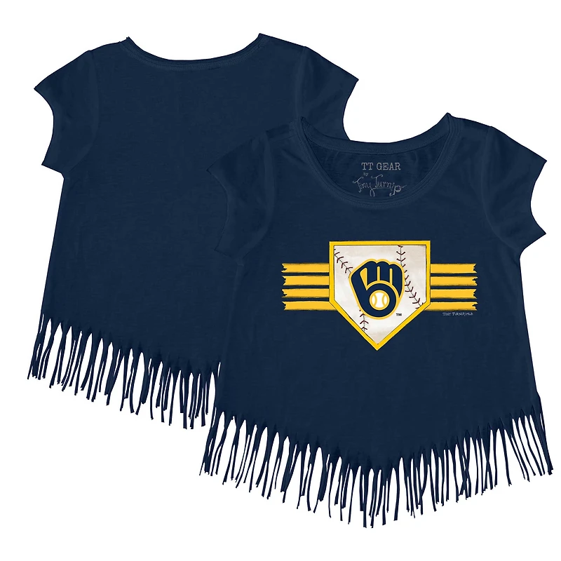 T-shirt à franges et rayures bleu marine pour jeunes filles, motif Tiny Turnip, des Milwaukee Brewers