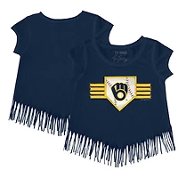 T-shirt à franges et rayures bleu marine pour jeunes filles, motif Tiny Turnip, des Milwaukee Brewers