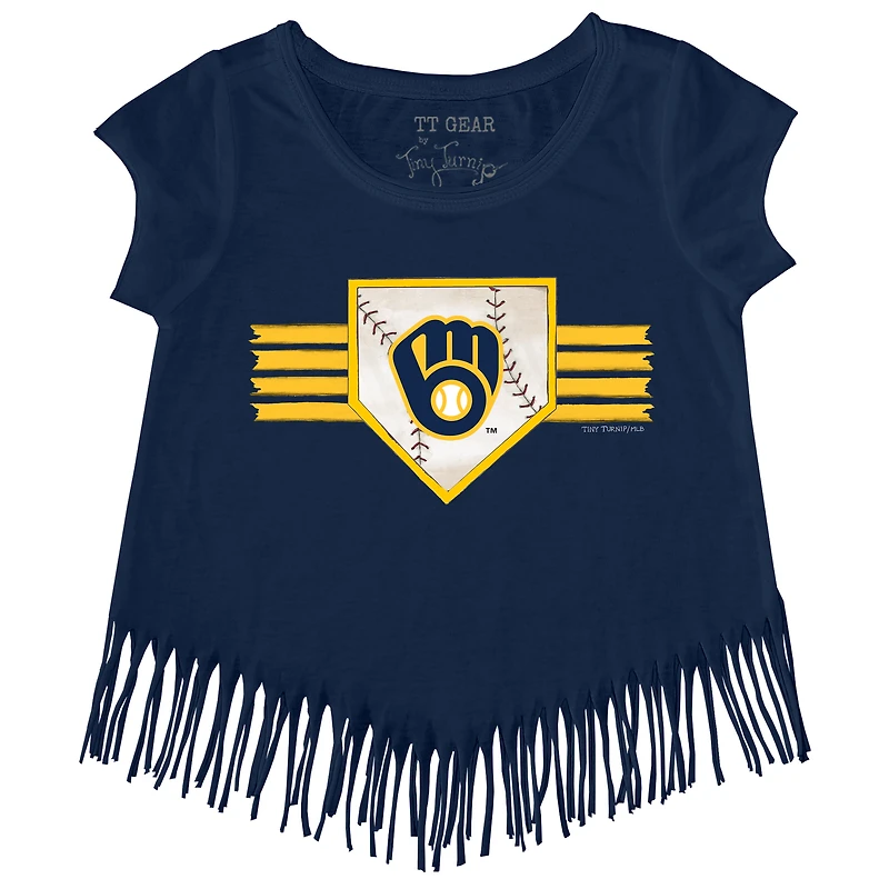 T-shirt à franges et rayures bleu marine pour jeunes filles, motif Tiny Turnip, des Milwaukee Brewers