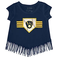 T-shirt à franges et rayures bleu marine pour jeunes filles, motif Tiny Turnip, des Milwaukee Brewers