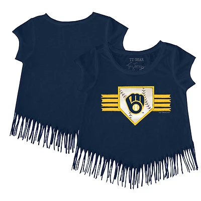 T-shirt à franges et rayures bleu marine pour jeunes filles, motif Tiny Turnip, des Milwaukee Brewers