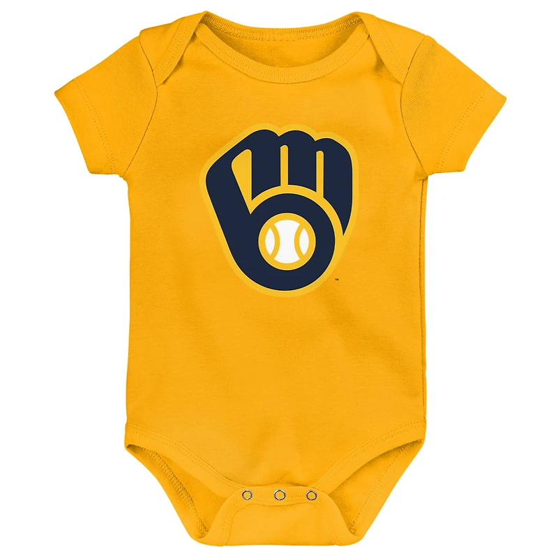 Lot de 3 bodys pour bébés dorés/blancs/gris chiné Milwaukee Brewers Biggest Little Fan