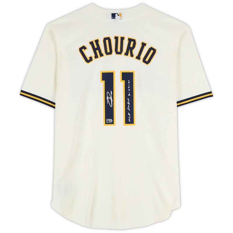 Jackson Chourio Milwaukee Brewers Autographed Cream Nike Replica Jersey with "MLB Debut 3-29-24" Inscription