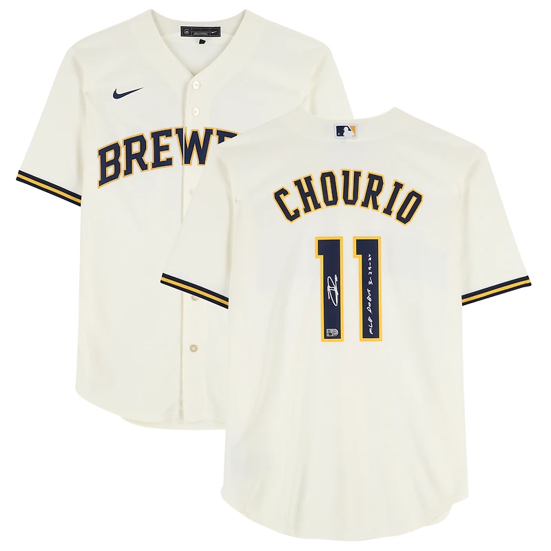 Jackson Chourio Milwaukee Brewers Autographed Cream Nike Replica Jersey with "MLB Debut 3-29-24" Inscription