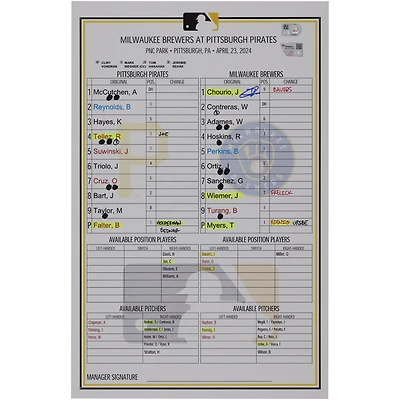 Jackson Chourio Milwaukee Brewers Autographed Game-Used Lineup Card vs. Pittsburgh Pirates on April 23, 2024