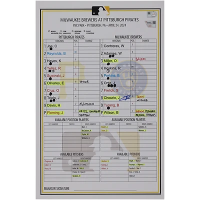Jackson Chourio Milwaukee Brewers Autographed Game-Used Lineup Card vs. Pittsburgh Pirates on April 24, 2024