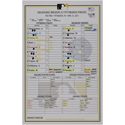 Jackson Chourio Milwaukee Brewers Autographed Game-Used Lineup Card vs. Pittsburgh Pirates on April 25, 2024