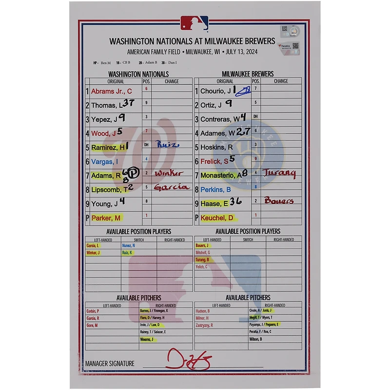 Jackson Chourio Milwaukee Brewers Autographed Game-Used Lineup Card vs. Washington Nationals on July 13, 2024
