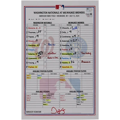 Jackson Chourio Milwaukee Brewers Autographed Game-Used Lineup Card vs. Washington Nationals on July 13, 2024