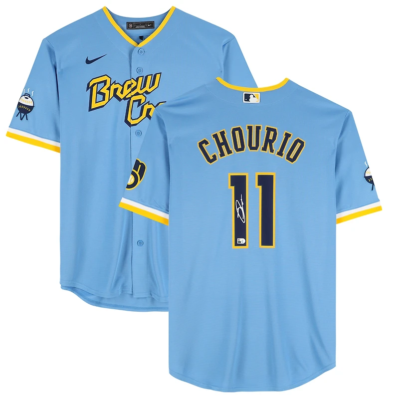 Maillot réplique Nike City Connect autographié par Jackson Chourio des Milwaukee Brewers