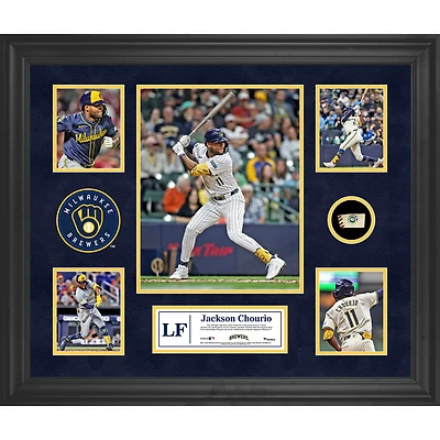 Jackson Chourio Milwaukee Brewers Framed 5-Photo Collage with a Piece of Game-Used Ball
