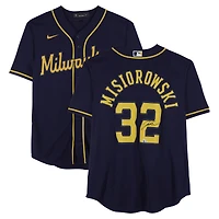 Maillot réplique Nike bleu marine autographié de Jacob Misiorowski, Milwaukee Brewers
