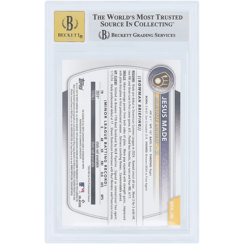 Carte autographiée par Jesús Made des Milwaukee Brewers, Bowman Prospects 2025, bordure orange, n° BPA-JM n° 25/25, authentifiée par BGS (8,5/10).