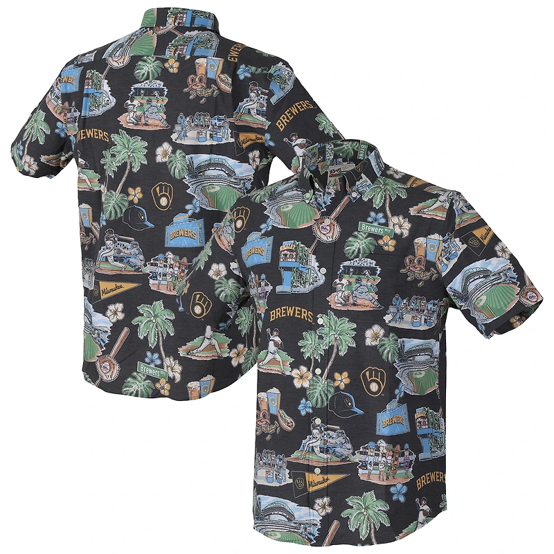 Chemise boutonnée noire Reyn Spooner pour homme, motif tri-blend pittoresque des Milwaukee Brewers