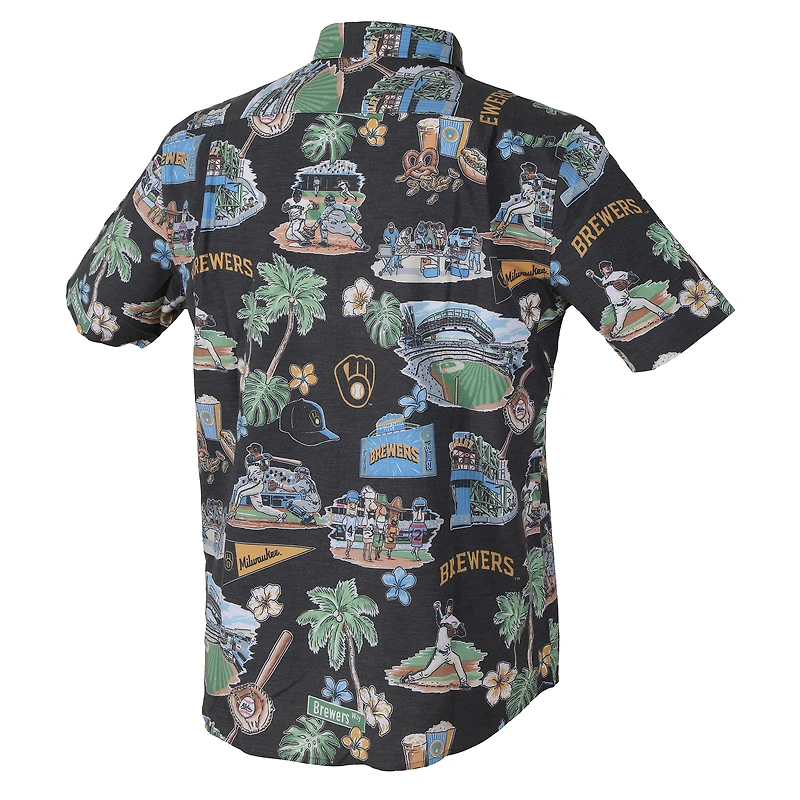 Chemise boutonnée noire Reyn Spooner pour homme, motif tri-blend pittoresque des Milwaukee Brewers