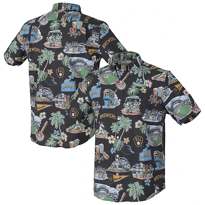 Chemise boutonnée noire Reyn Spooner pour homme, motif tri-blend pittoresque des Milwaukee Brewers
