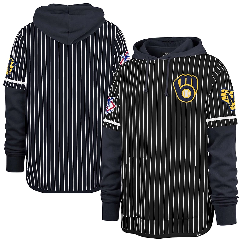 Men's '47  Navy Milwaukee Brewers Pinstripe Double Header Pullover Hoodie