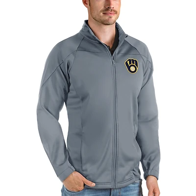 Veste de golf entièrement zippée Milwaukee Brewers Links pour homme en gris Antigua
