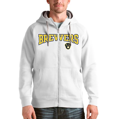 Sweat à capuche zippé intégral Antigua White Milwaukee Brewers avec logo Victory pour homme