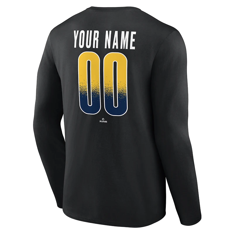 T-shirt à manches longues noir pour homme Milwaukee Brewers, domicile, personnalisé avec nom et numéro