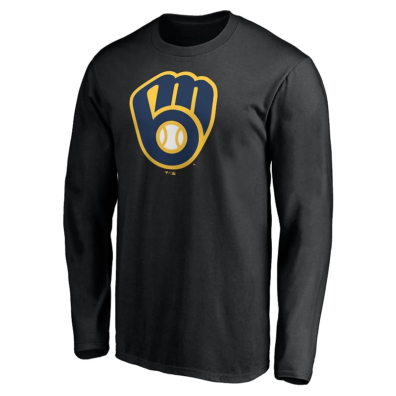 T-shirt à manches longues noir pour homme avec logo officiel des Milwaukee Brewers