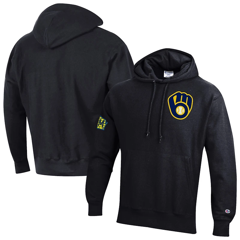 Sweat à capuche Champion noir Milwaukee Brewers en chenille tissée inversée pour homme