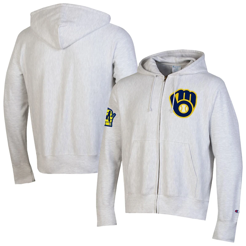 Sweat à capuche zippé Champion gris Milwaukee Brewers pour homme, en chenille tissée inversée.