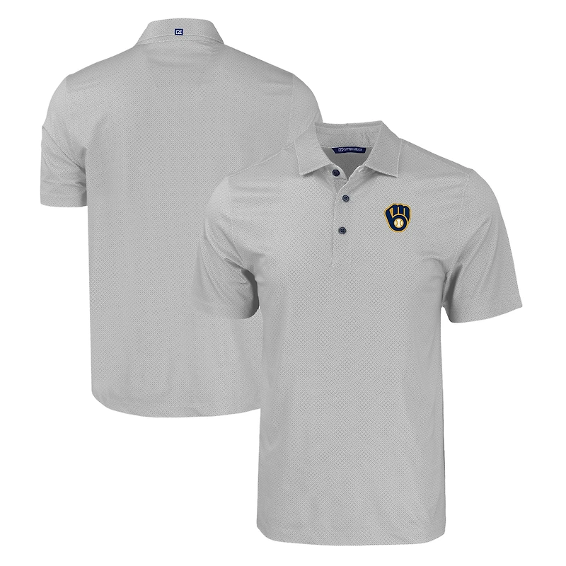 Men's Cutter & Buck Gray Milwaukee Brewers Big Tall Pike Eco Tonal Geo Print Stretch Recycled Polo