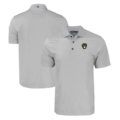Men's Cutter & Buck Gray Milwaukee Brewers Big Tall Pike Eco Tonal Geo Print Stretch Recycled Polo
