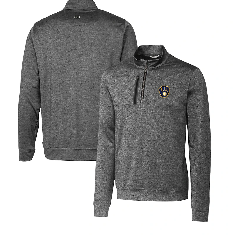 Men's Cutter & Buck  Gray Milwaukee Brewers Stealth Heathered Quarter-Zip Pullover Top