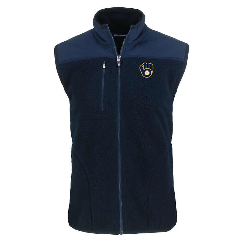 Gilet zippé Cutter & Buck bleu marine Milwaukee Brewers pour homme, grandes tailles, en polaire sherpa écologique Cascade.