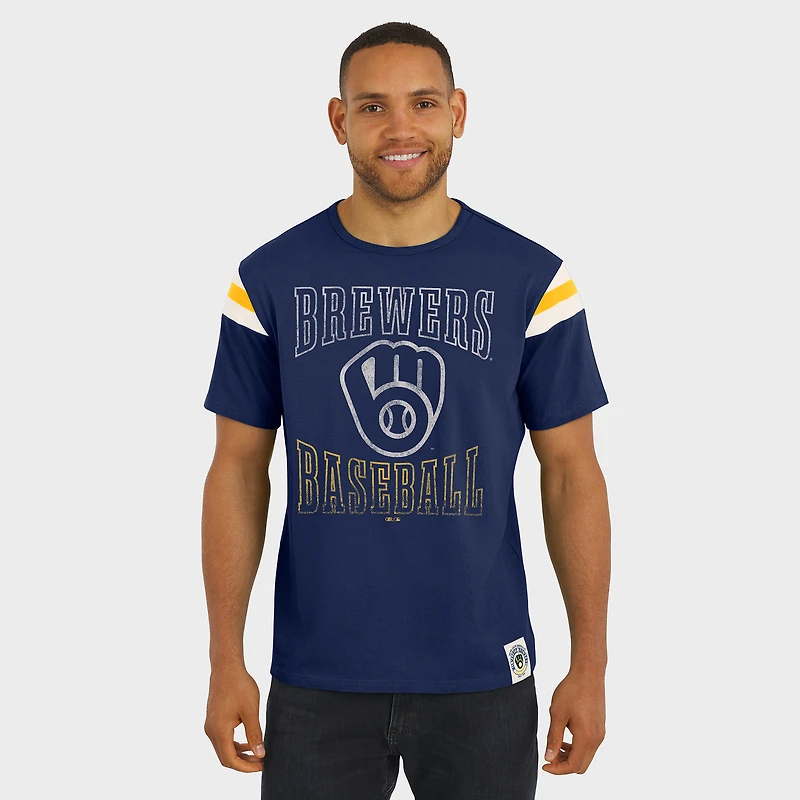 T-shirt à rayures bleu marine pour homme Darius Rucker Collection by Fanatics, motif Milwaukee Brewers, manches vieillies