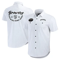 Men's Darius Rucker Collection by Fanatics White Milwaukee Brewers Pin Stripe Short Sleeve Button-Up Shirt