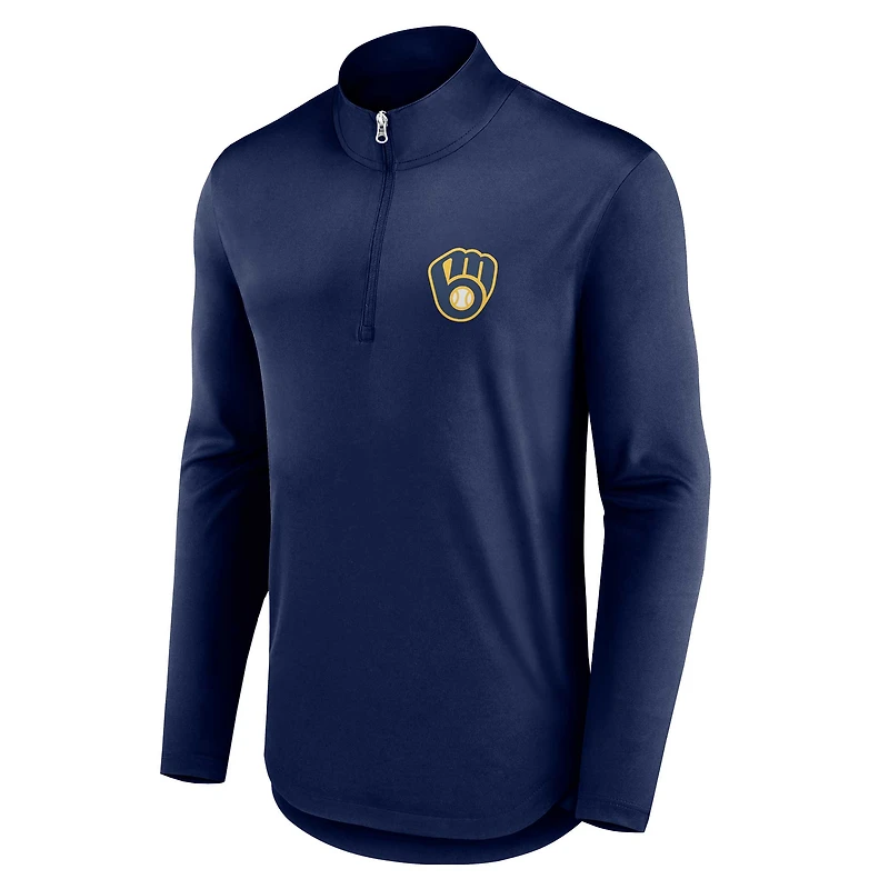 Haut à col zippé bleu marine Fanatics pour homme, motif quarterback des Milwaukee Brewers