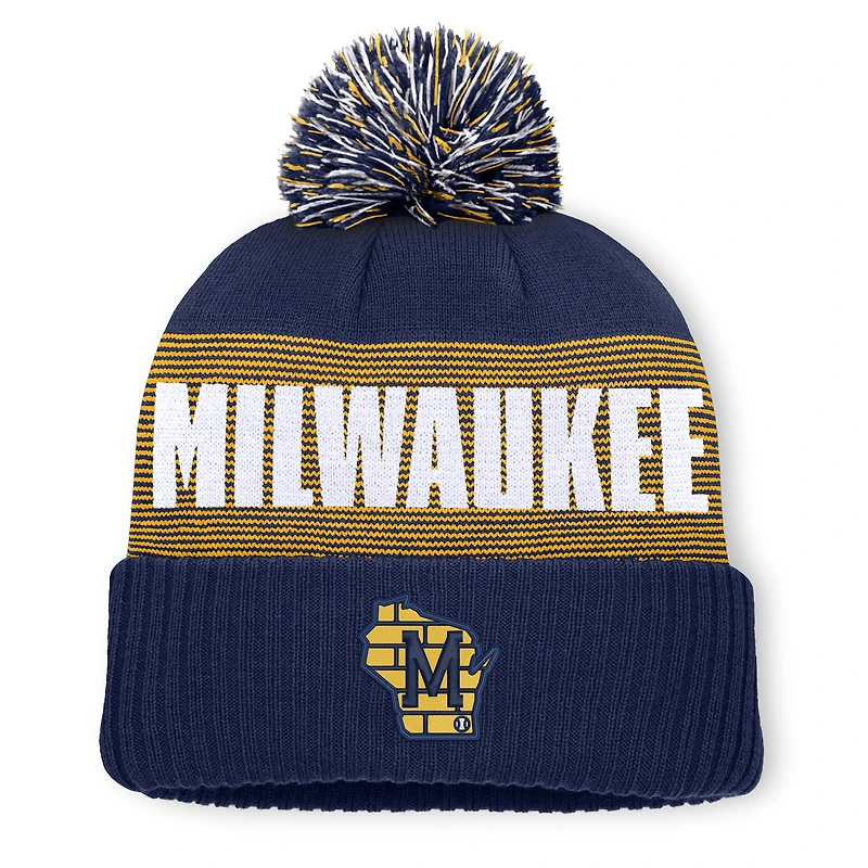 Bonnet à revers rayé bleu marine Milwaukee Brewers pour homme, avec pompon