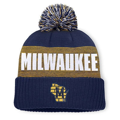 Bonnet à revers rayé bleu marine Milwaukee Brewers pour homme, avec pompon
