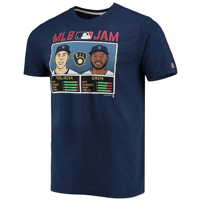 T-shirt à trois mélanges hommage Christian Yelich et Lorenzo Cain pour hommes, bleu marine, Milwaukee Brewers MLB Jam