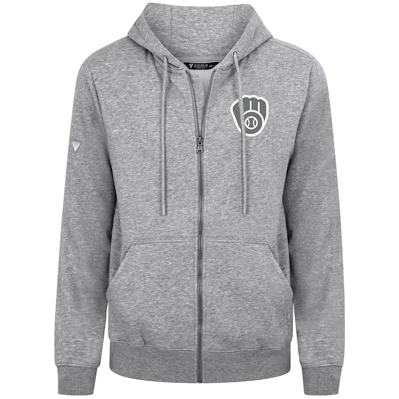 Men's Levelwear Gray Milwaukee Brewers Podium Banner Arch Full-Zip Hoodie