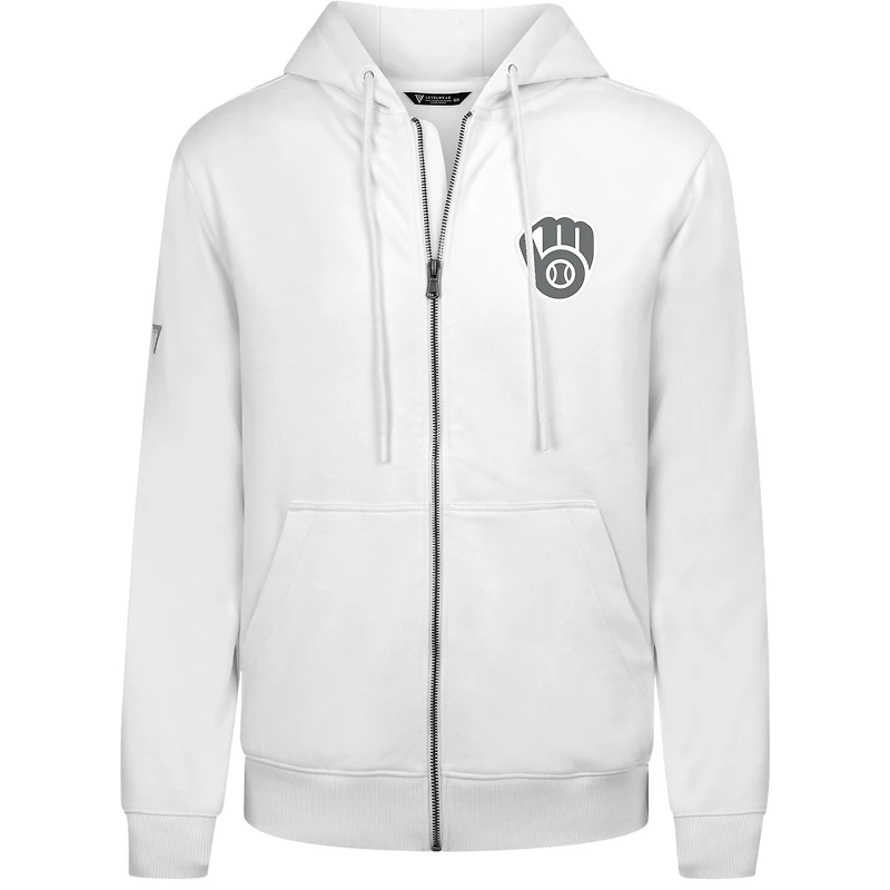 Sweat à capuche zippé blanc pour homme Levelwear Milwaukee Brewers Podium Banner Arch