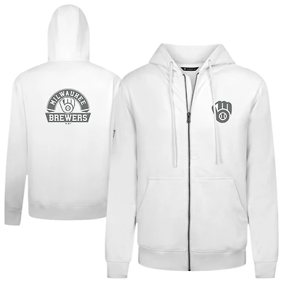Sweat à capuche zippé blanc pour homme Levelwear Milwaukee Brewers Podium Banner Arch