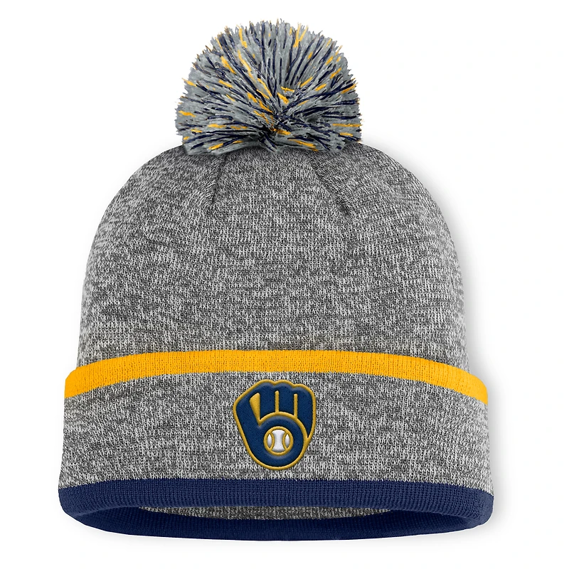 Bonnet en tricot à revers et pompon Fanatics Backstop gris chiné pour homme des Milwaukee Brewers