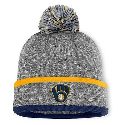 Bonnet en tricot à revers et pompon Fanatics Backstop gris chiné pour homme des Milwaukee Brewers