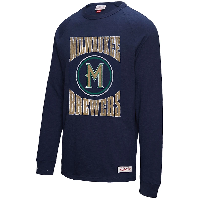 T-shirt à manches longues bleu marine Milwaukee Brewers Arched Logo Slub pour homme Mitchell & Ness