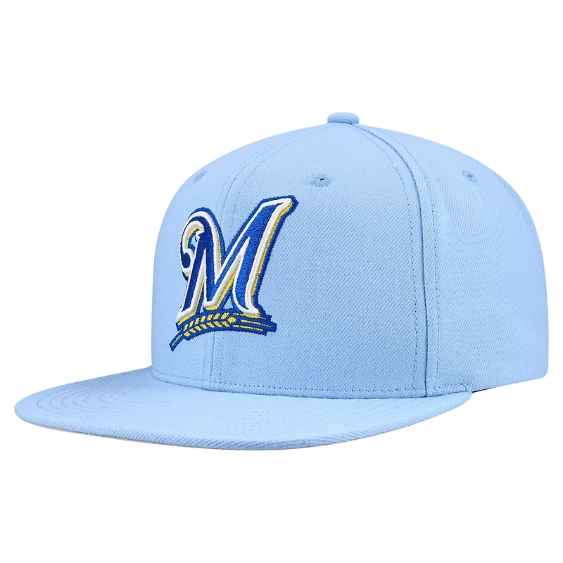 Casquette snapback basique Mitchell & Ness bleu poudre pour homme, collection Cooperstown, Milwaukee Brewers