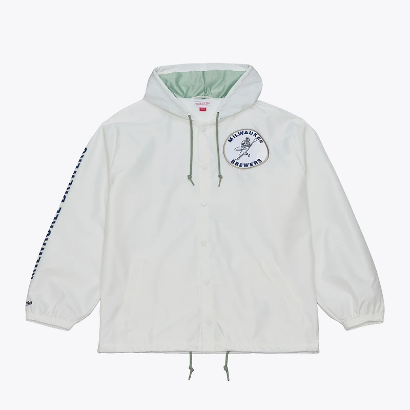 Men's Mitchell & Ness White Milwaukee Brewers Yacht Rock Coaches Full-Snap Hooded Windbreaker Jacket