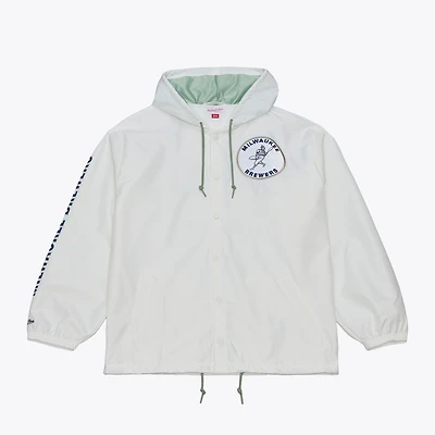 Men's Mitchell & Ness White Milwaukee Brewers Yacht Rock Coaches Full-Snap Hooded Windbreaker Jacket