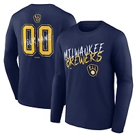 T-shirt à manches longues pour homme, bleu marine, Milwaukee Brewers Hustle, personnalisé avec nom et numéro
