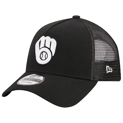 Men's New Era Black Milwaukee Brewers A-Frame 9FORTY Trucker Adjustable Hat